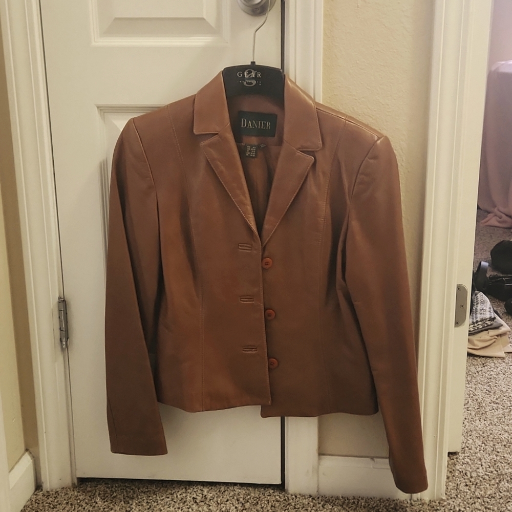 Women's Genuine Leather Tan Button Up Jacket